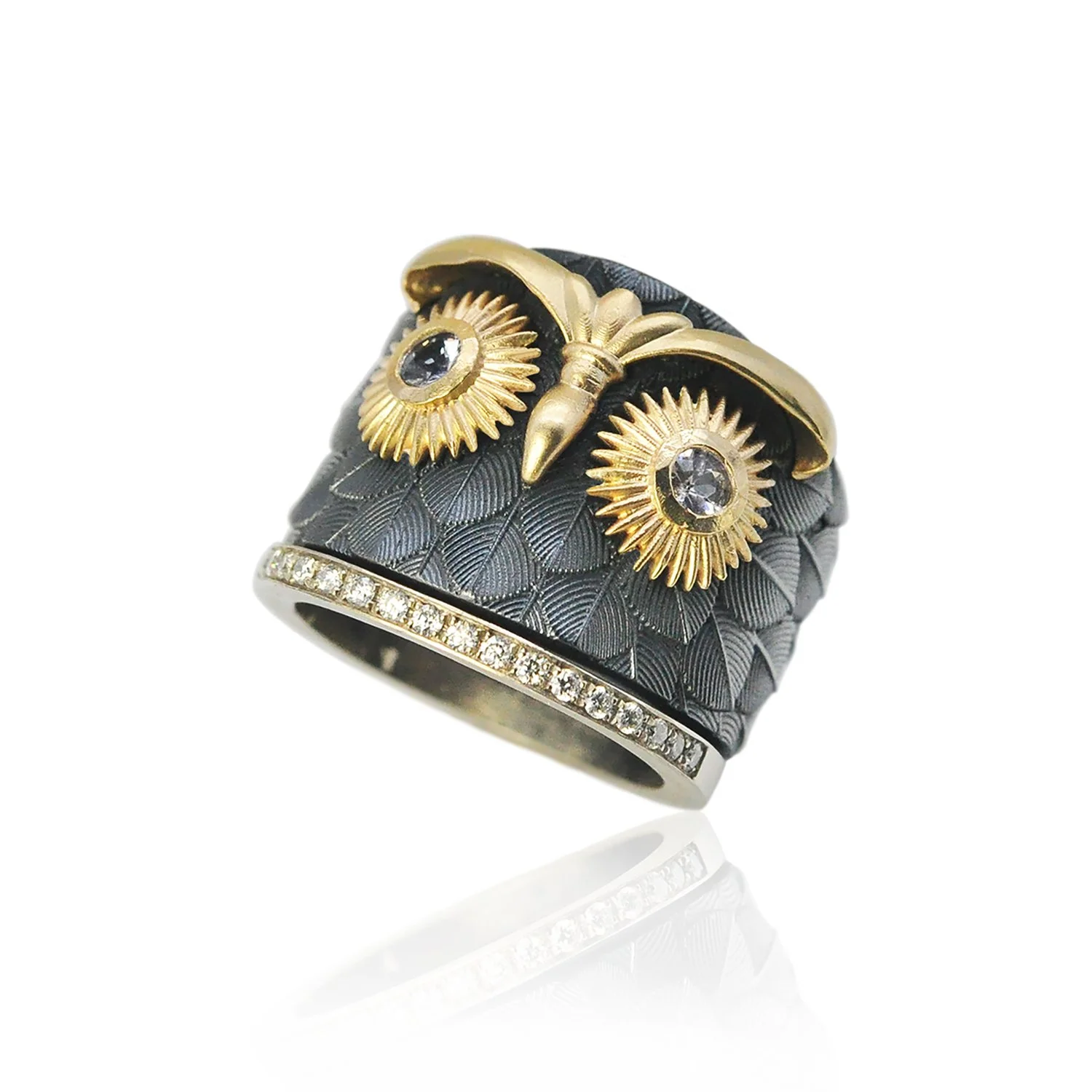 Owl Ring with Eternity Band. 14k yellow & white gold, oxidized silver, spinels, white diamonds. Handmade fine art jewelry by Rebecca Myers Design.