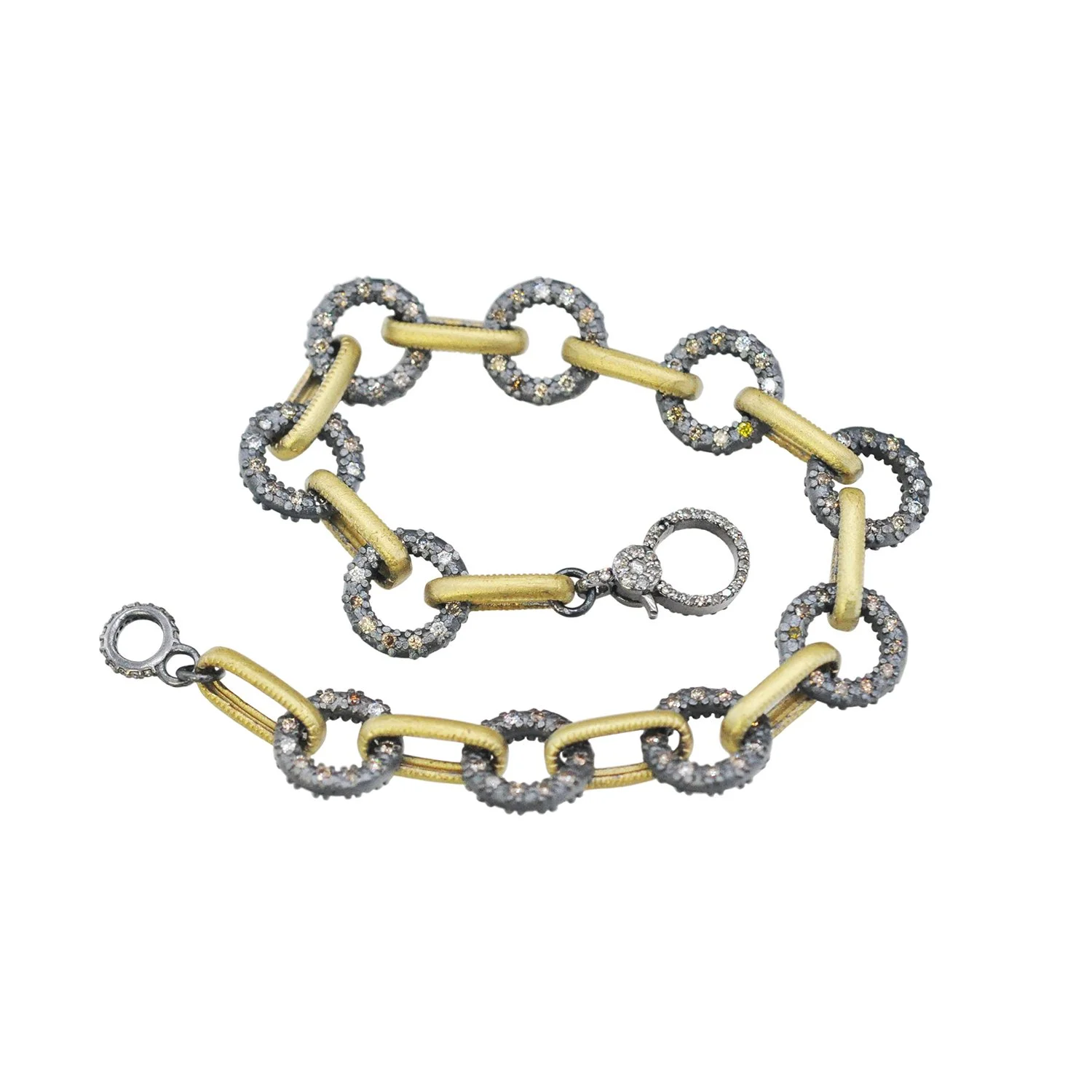 Gold and Pave Set Diamond Oxidized Silver Link Bracelet WEB.jpg