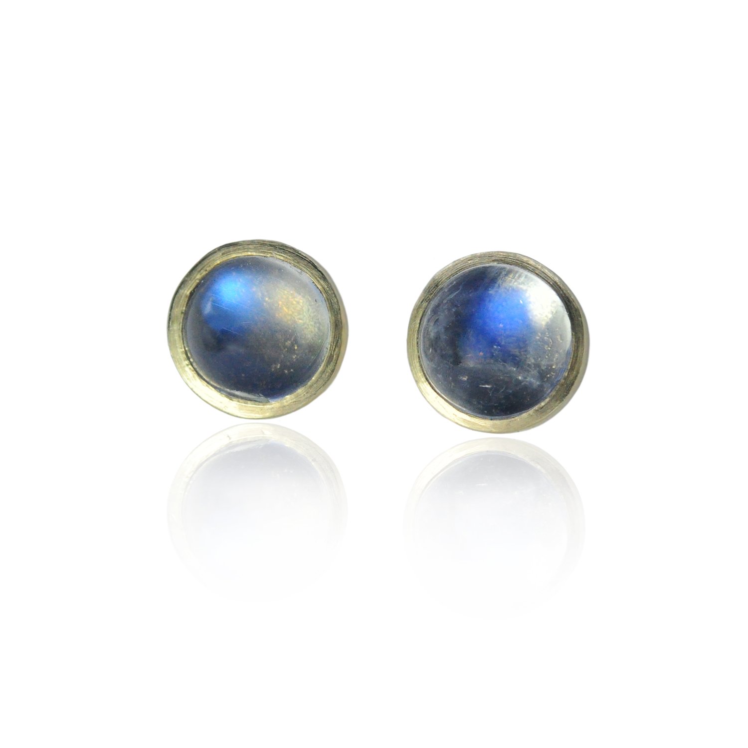 Moonstone Cabochon post earrings. Moonstone, 14k yellow gold. Handmade fine art jewelry by Rebecca Myers Design