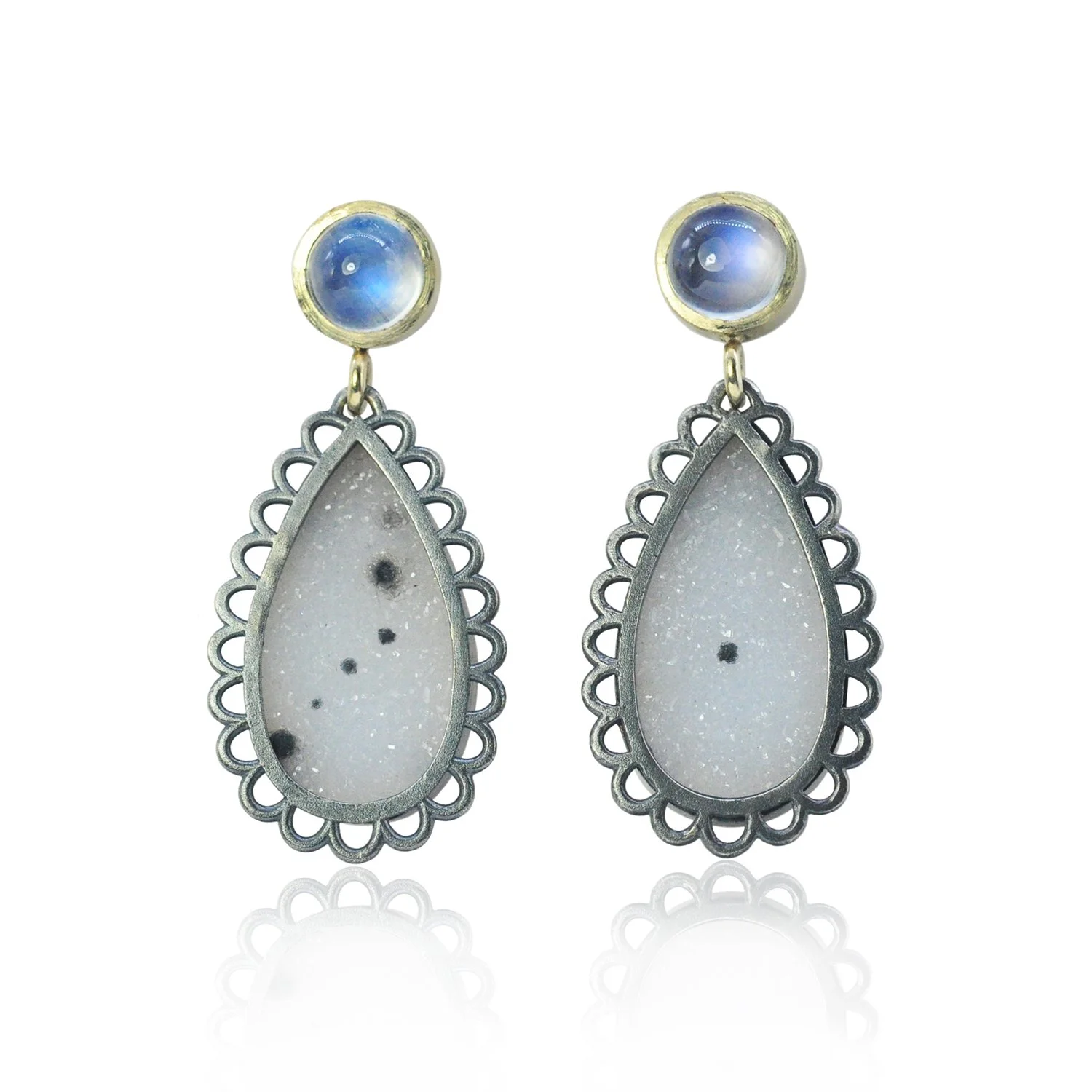 Framed White Druzy Teardrops with Moonstone Toppers. White teardrop druzies, round moonstone cabochons, 14k yellow gold, oxidized silver. Handmade fine art jewelry Rebecca Myers Design.