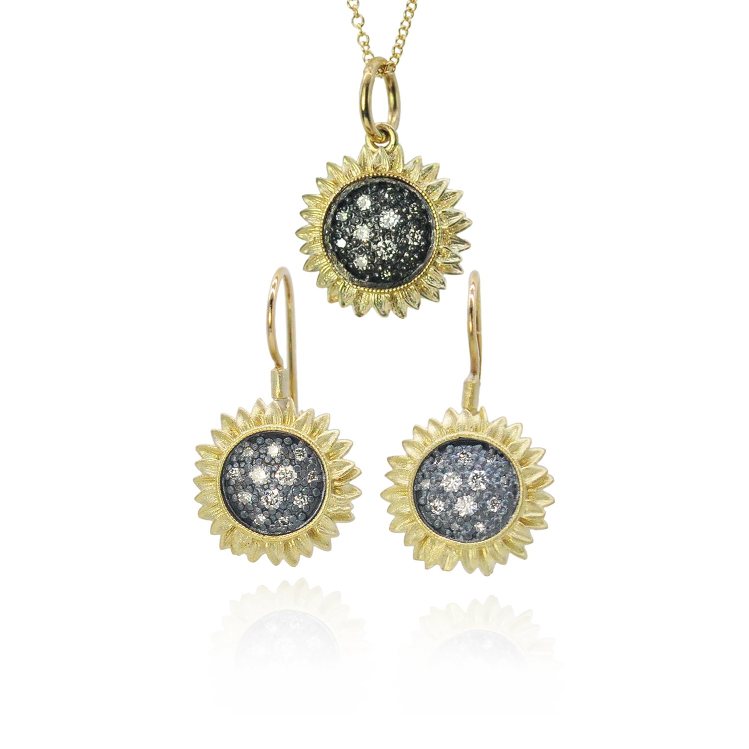 Small Sunflower Necklace on 1.1mm cable & Earrings, grouping WEB.jpg