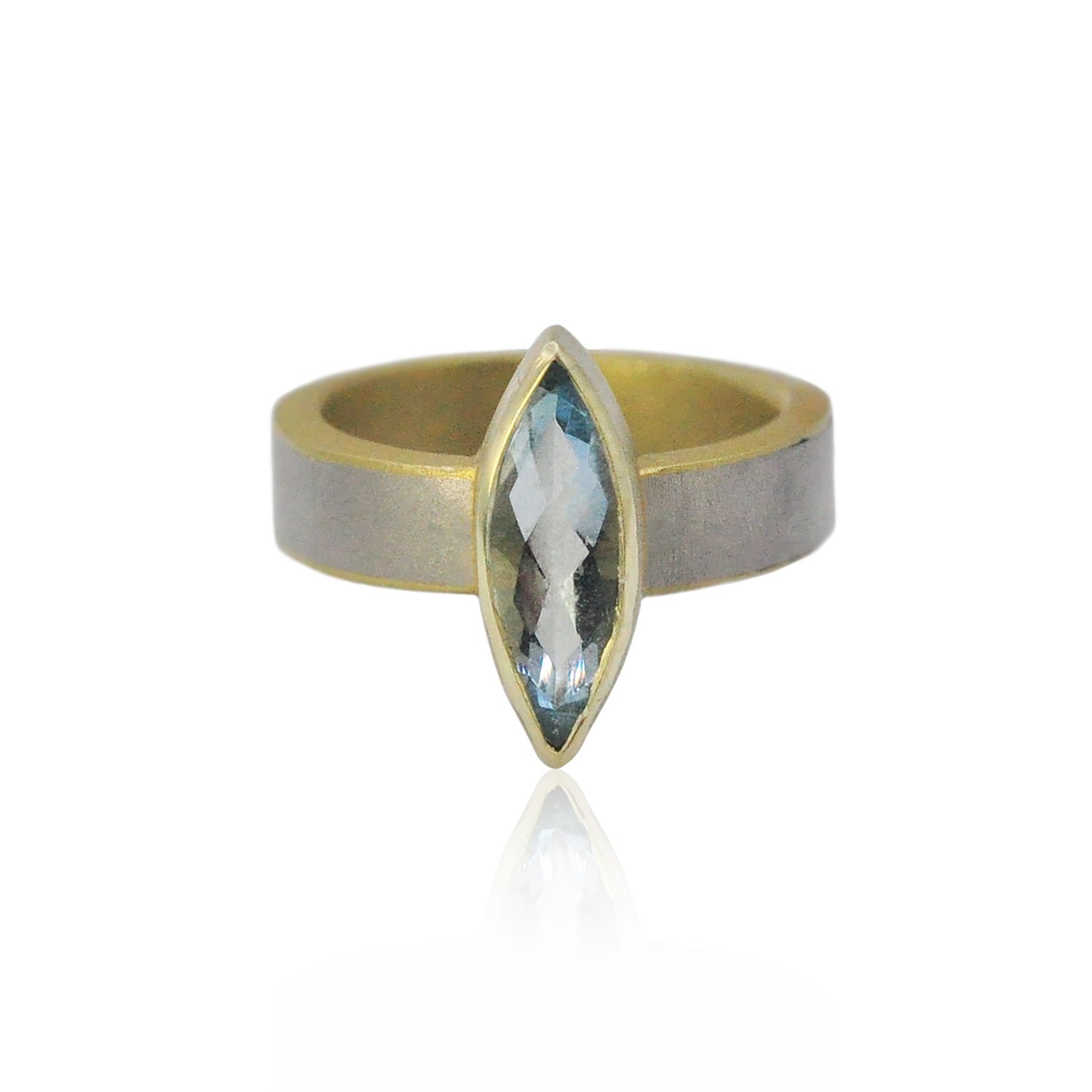 Aquamarine Ring. Marquis aquamarine, 14k yellow gold, sterling silver. Handmade fine art jewelry by Rebecca Myers Design.