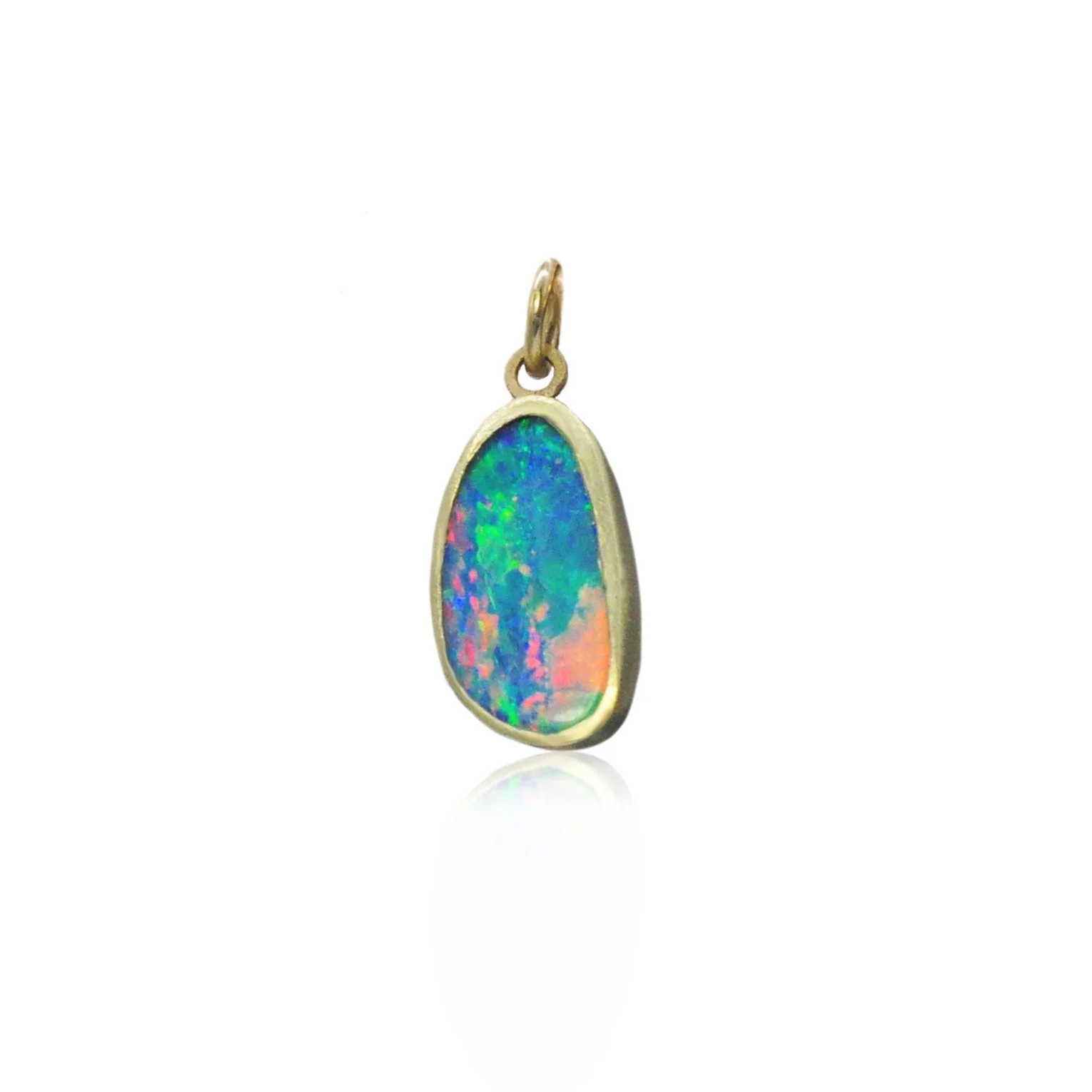 Large Boulder Opal Charm. 18k yellow gold bezel, teardrop boulder opal. Handmade fine art jewelry by Rebecca Myers Design.