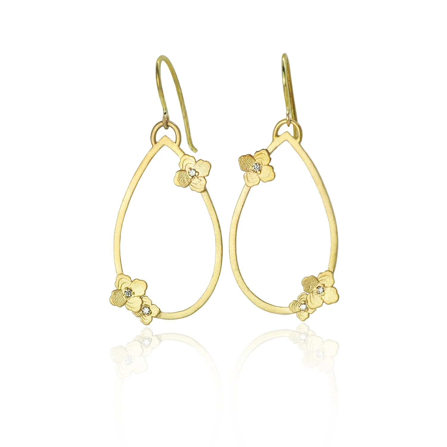 Gold Teardrop Earrings with Hydrangeas. 14k yellow gold. Handmade fine art jewelry by Rebecca Myers Design.