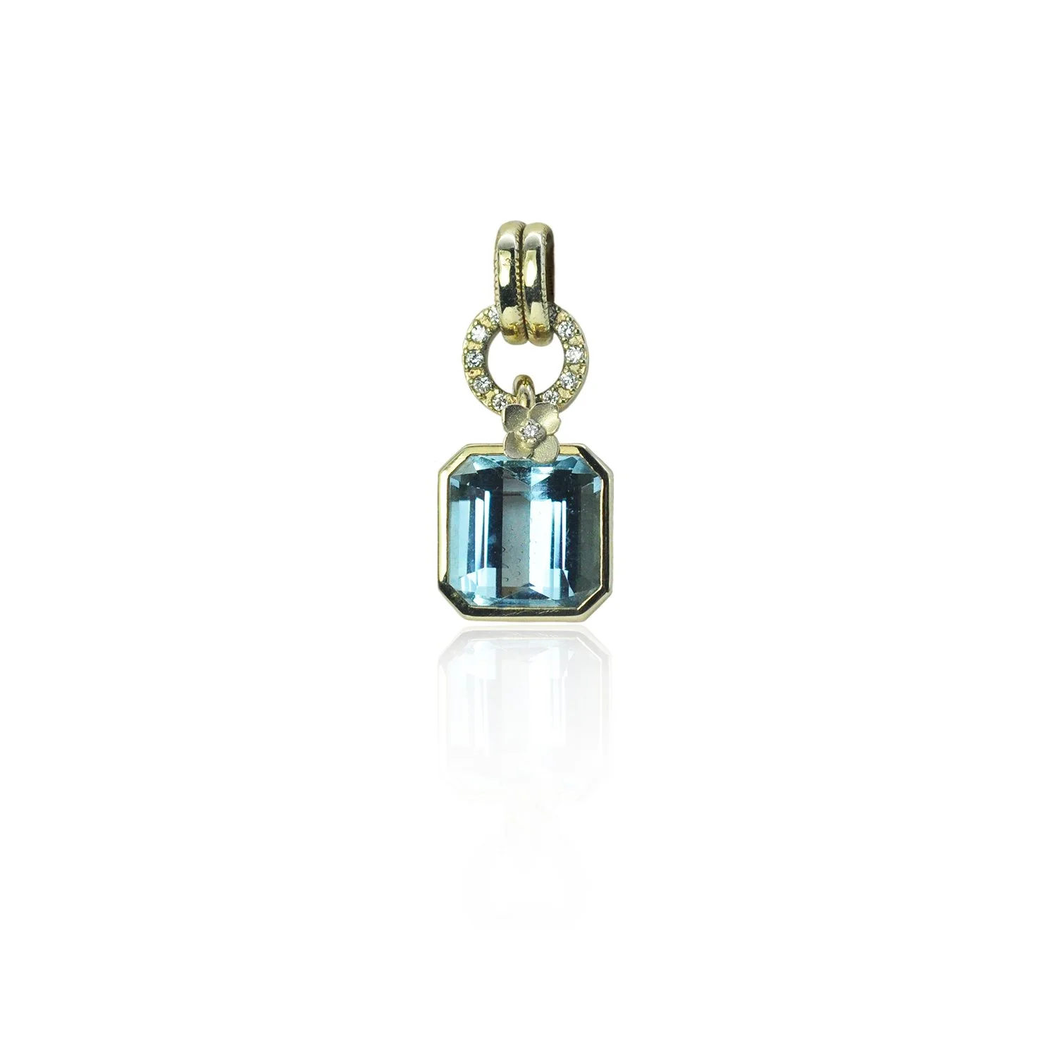 Emerald Cut Aquamarine Pendant. Emerald cut aqua, 14k yellow gold, pave set white diamonds. Handmade fine art jewelry by Rebecca Myers Design.