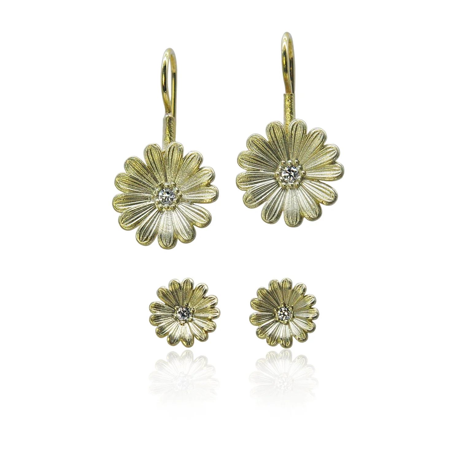 Small & Tiny Shasta Earrings. 14k yellow gold, white diamonds. Handmade fine art jewelry by Rebecca Myers Design.