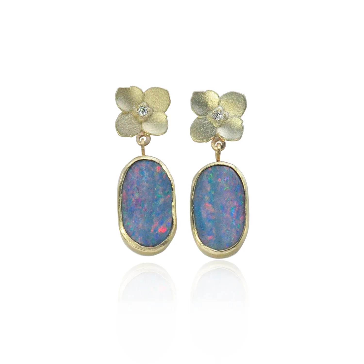 Boulder Opal Earrings with Hydrangea Toppers. 14k yellow gold, boulder opals. Handmade fine art jewelry by Rebecca Myers Design.