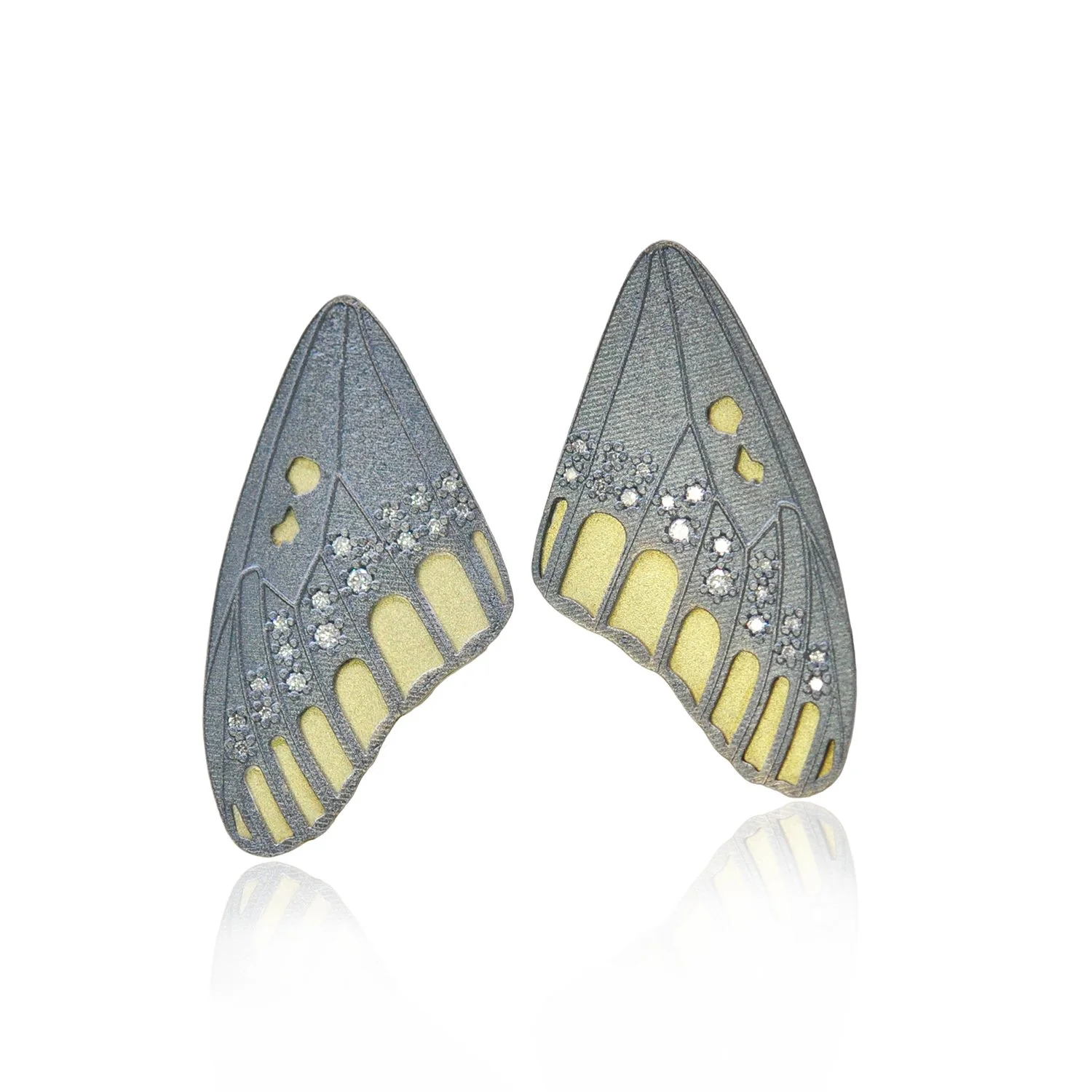Checkerspot Butterfly Top Wing Earrings. 18k yellow gold, oxidized silver, diamonds. Handmade fine art jewelry by Rebecca Myers Design.