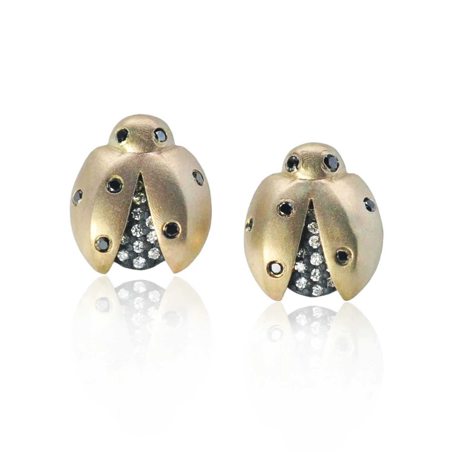 Ladybug Earrings. 14k yellow gold, oxidized silver, white diamonds. Handmade fine art jewelry by Rebecca Myers Design.