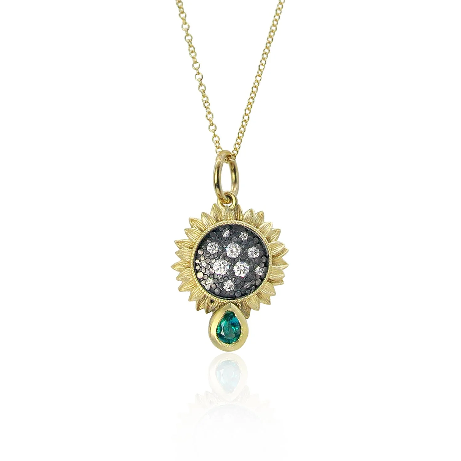 Small Sunflower Necklace with emeralds on 1.1mm cable WEB.jpg
