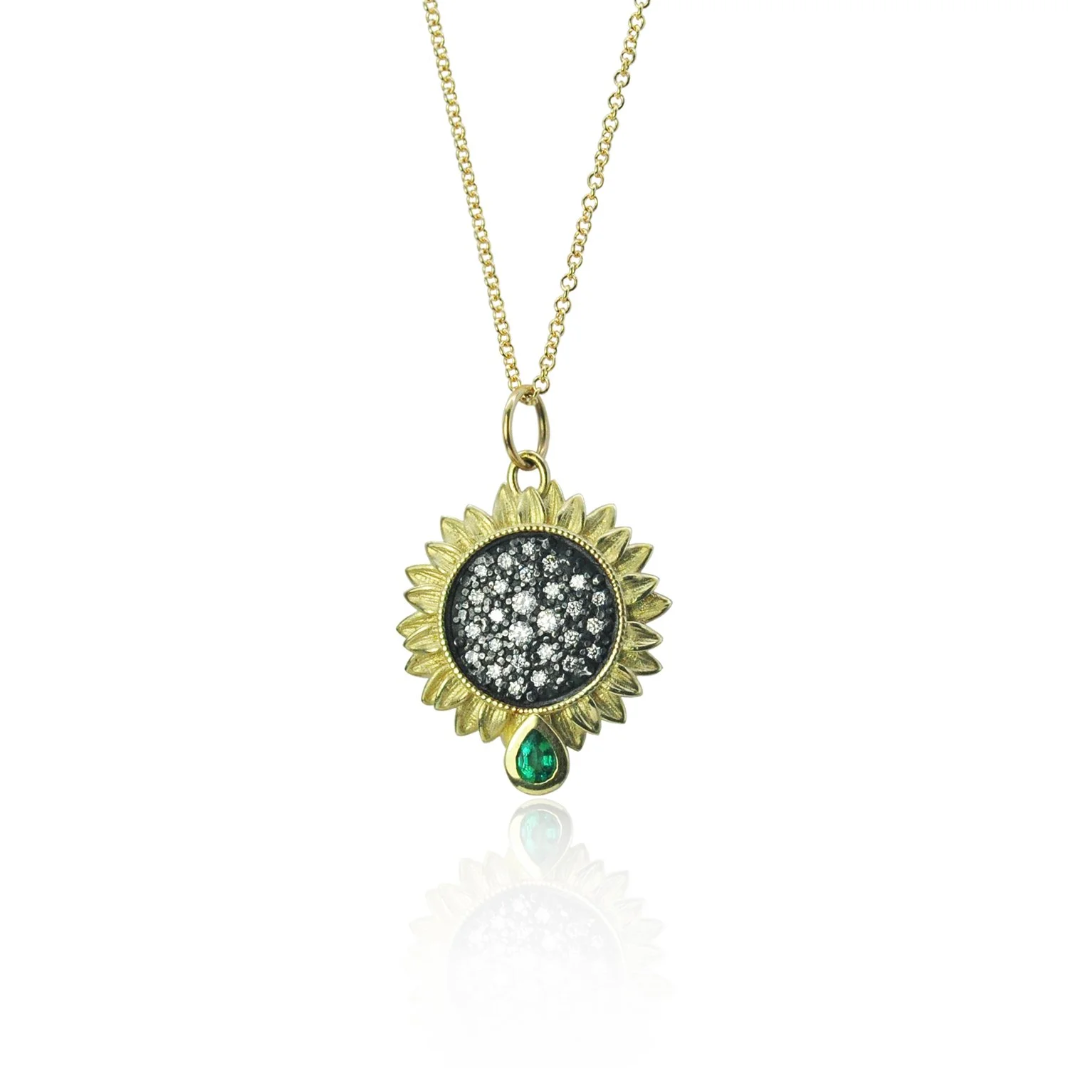 Medium sunflower with emerald on 1.3mm cable WEB.jpg