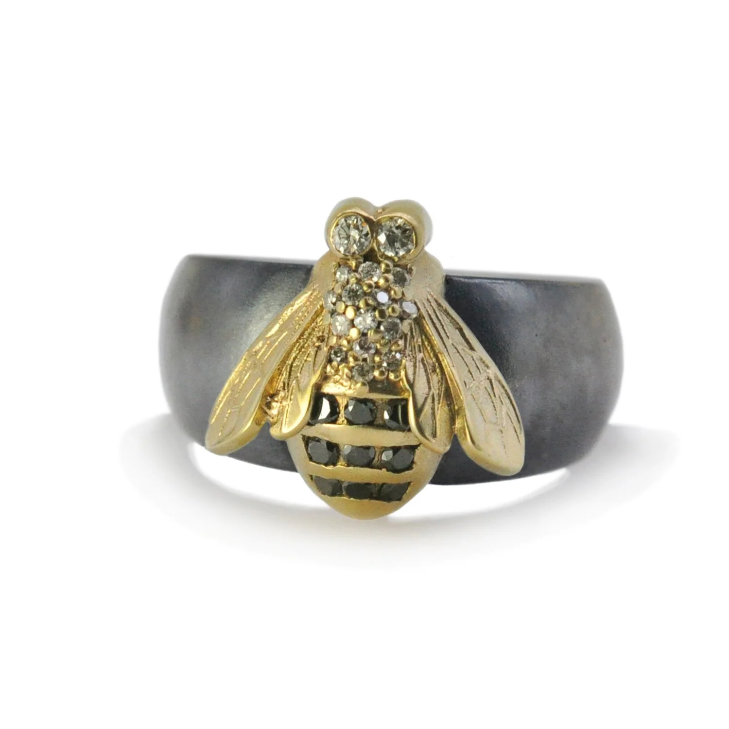 Big Bee Ring. 14k yellow gold, oxi silver, white and black diamonds.