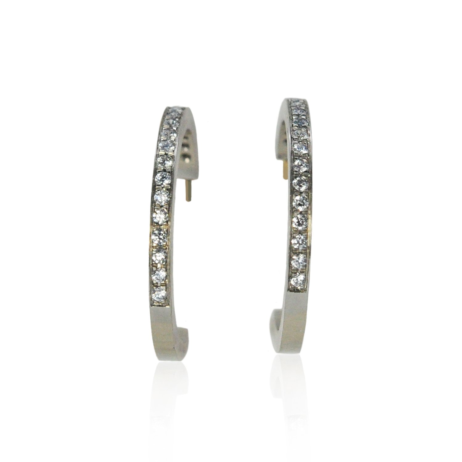Large White Gold & Diamond Hoops. 14k white gold, white diamonds, yellow gold posts. Handmade fine art jewelry by Rebecca Myers Design.
