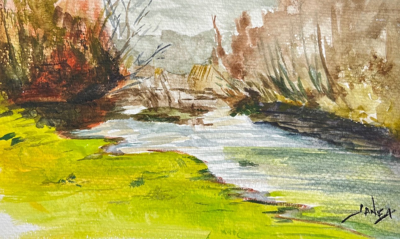 Gouache on Paper. Vignette of the creek flowing through Orquevaux. Painted en plein air.