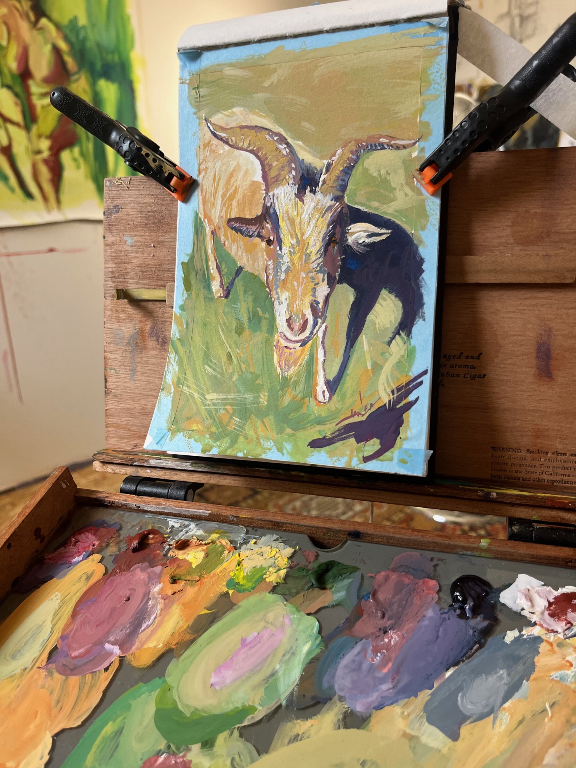  Gouache on Paper. The farm goat, Chookie, on the property. He loved apples &amp; did not love to share.  