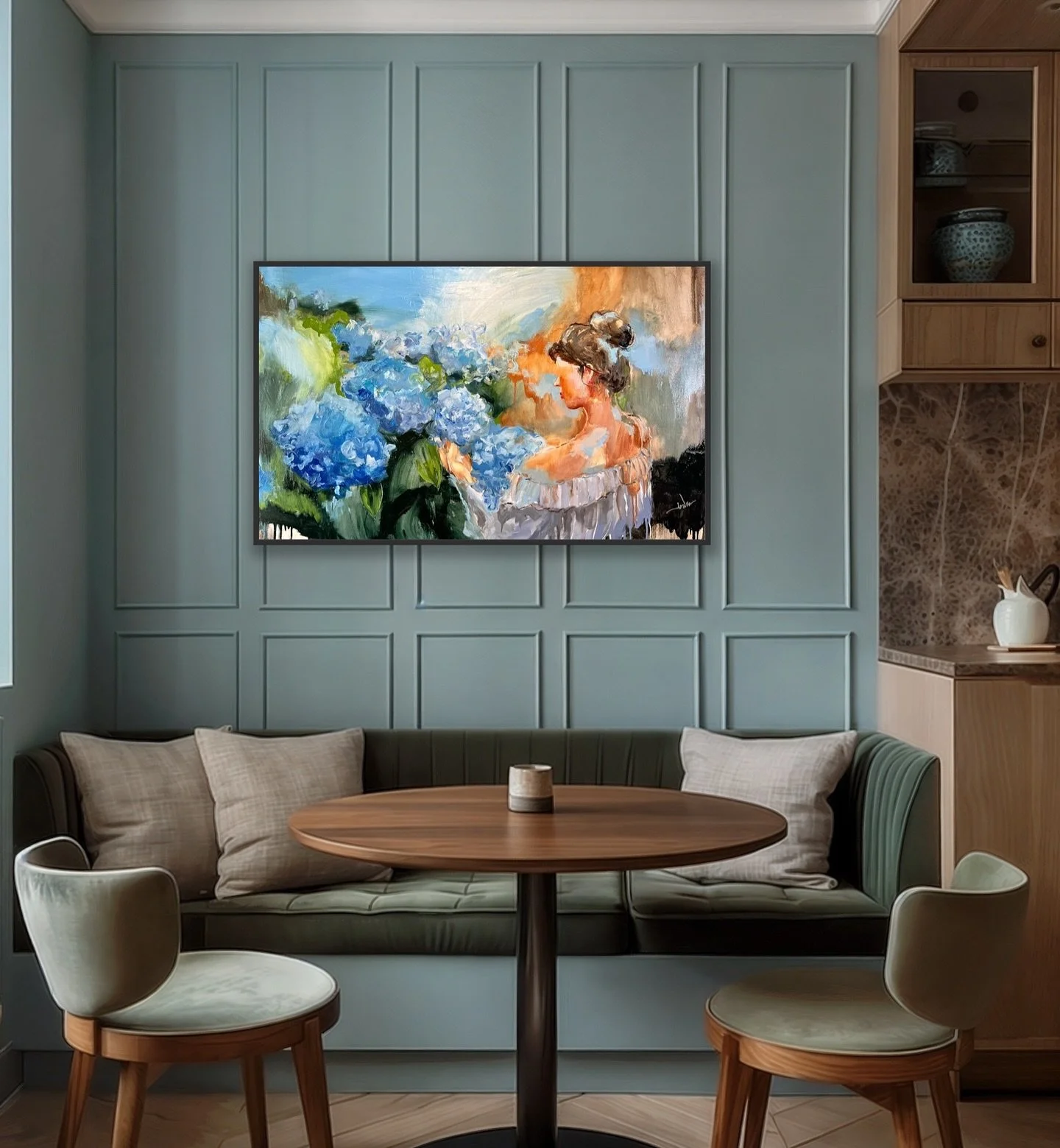 I named this piece for the inner work of finding beauty when the outside world is hard to handle. It can also just be a pretty painting of hydrangeas:) up to you. 

&ldquo;Still Blooming Up Here&rdquo;
30x48&rdquo; oil on canvas