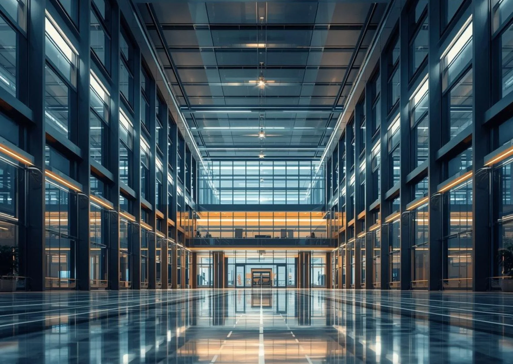 Modern corporate office interior with glass architecture and open workspace, representing professional environments and high-performing teams.