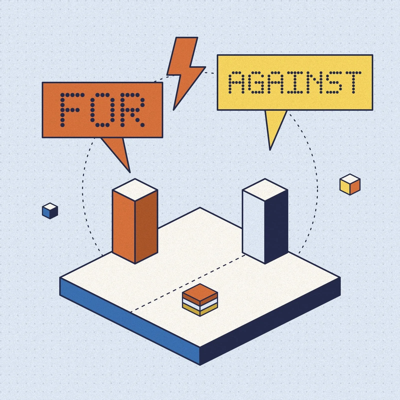 Isometric illustration of a debate stage with two lecterns facing each other, an orange "FOR" speech bubble, a yellow "AGAINST" speech bubble and a lightning bolt between them, representing Minds Underground's Online Debate Club.
