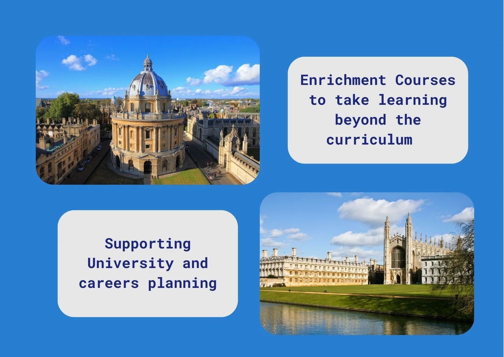 Minds Underground academic enrichment courses for schools to take learning beyond the classroom and support university and career planning - images of Oxford and Cambridge
