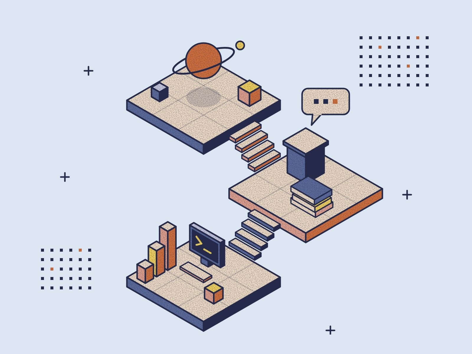 Isometric illustration of Minds Underground's online clubs and courses for students, showing science, debate, literature, coding and economics.