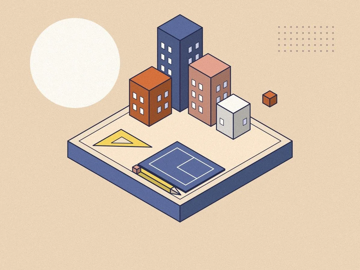 Isometric illustration of city buildings, a blueprint and a set square for the Minds Underground Architecture Essay Competition