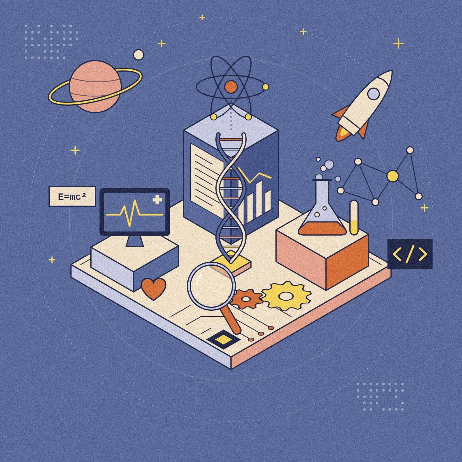 Isometric illustration of an online STEM club: DNA helix, atom, chemistry flask, heart monitor, gears, rocket and planet representing science subjects