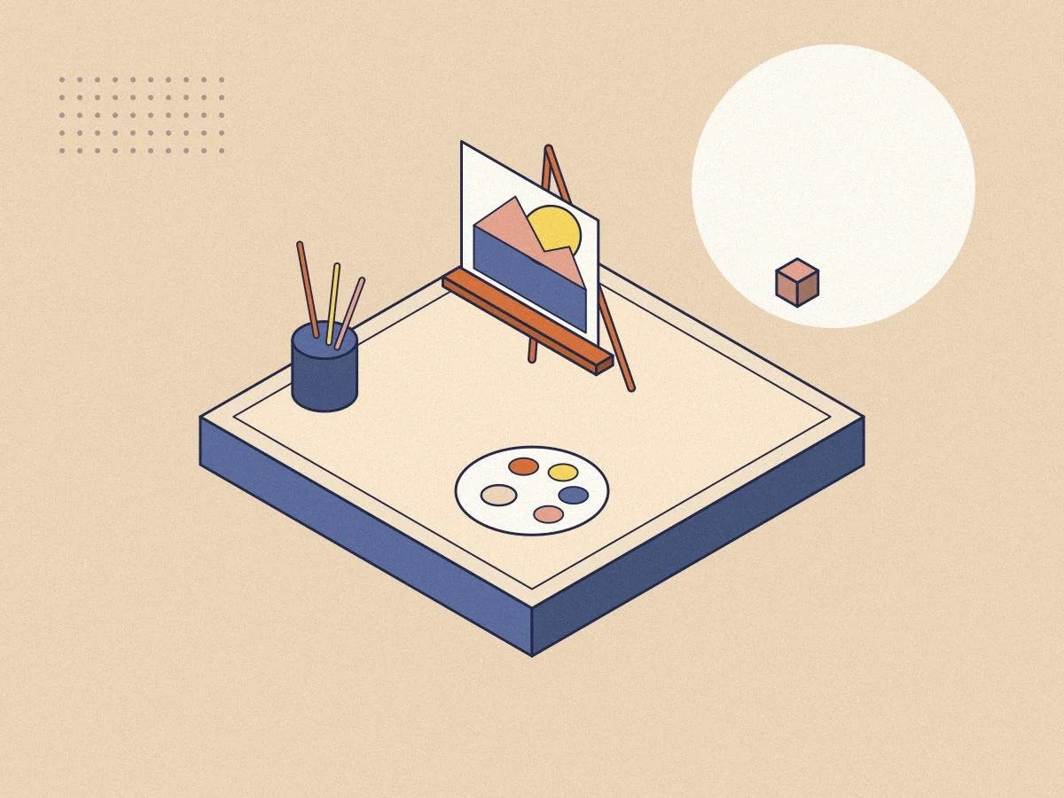 Isometric illustration of an easel with a painting, a paint palette and brushes for the Minds Underground History of Art Essay Competition