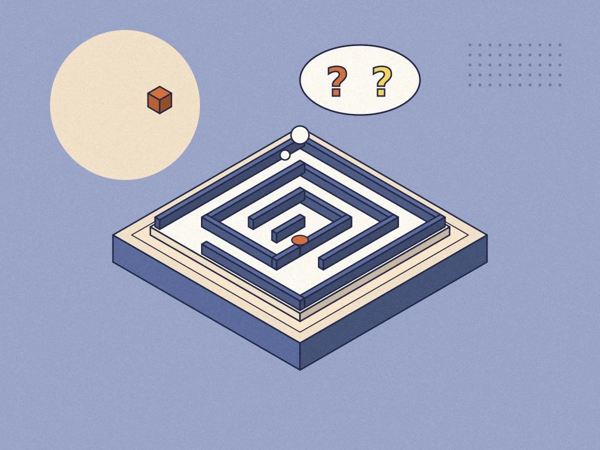 Isometric illustration of a maze and a thought bubble with question marks for the Minds Underground Psychology Essay Competition