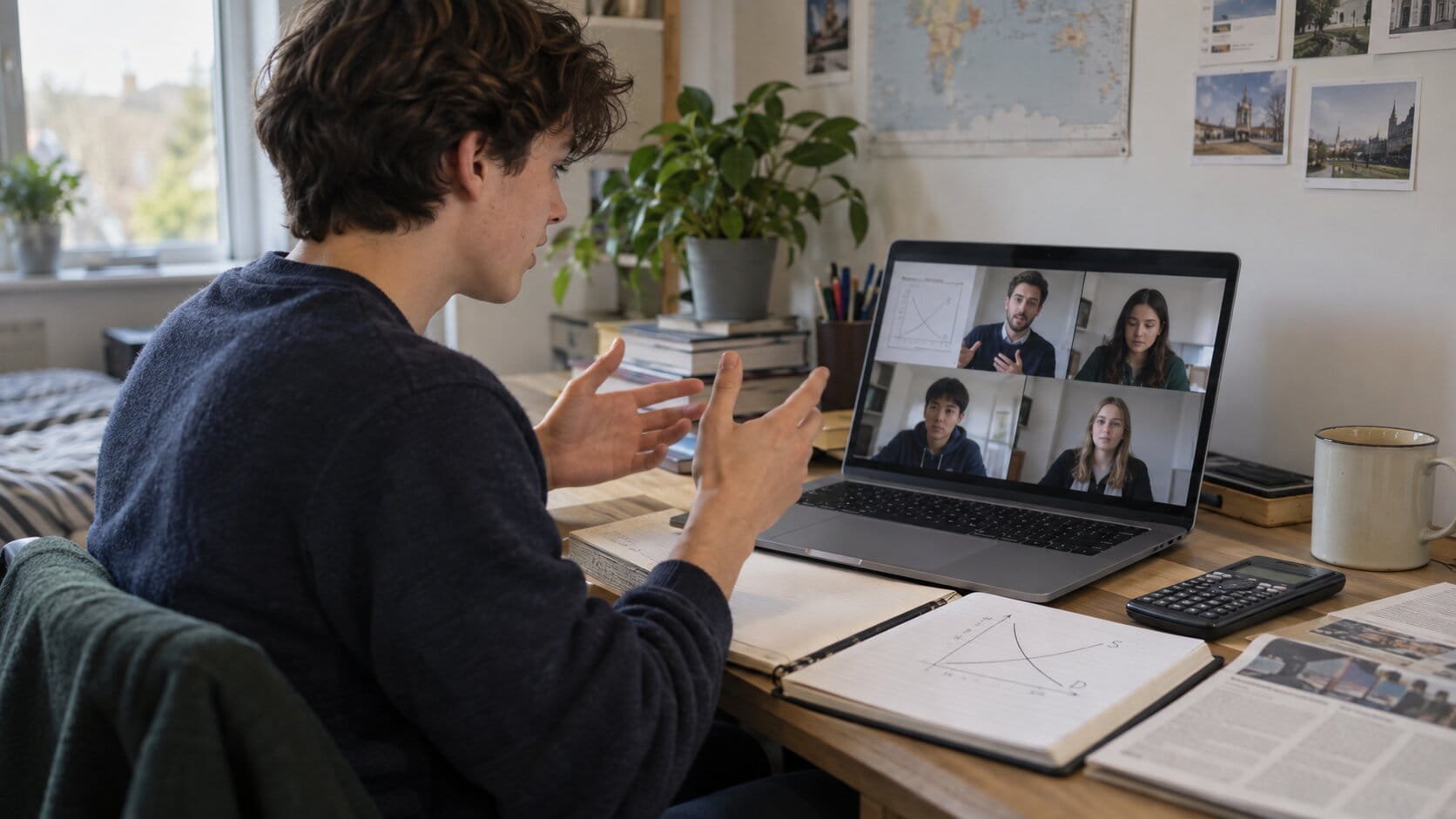 Sixth-form student discussing Economics and Business with a mentor and students online