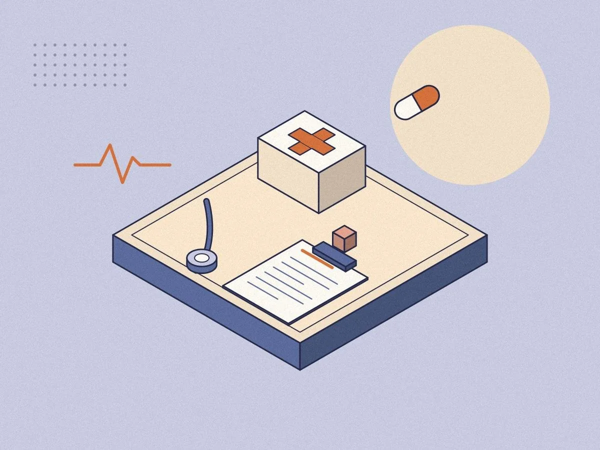 Isometric illustration of a first aid box, stethoscope, patient notes and a capsule for the Minds Underground Medicine Essay Competition