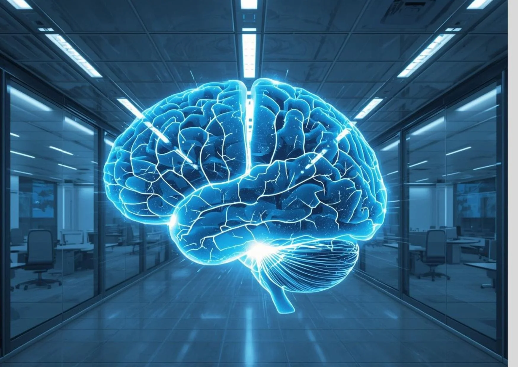 Glowing digital brain symbolising analytical ability, intelligence, and high-calibre graduate talent in a corporate environment.