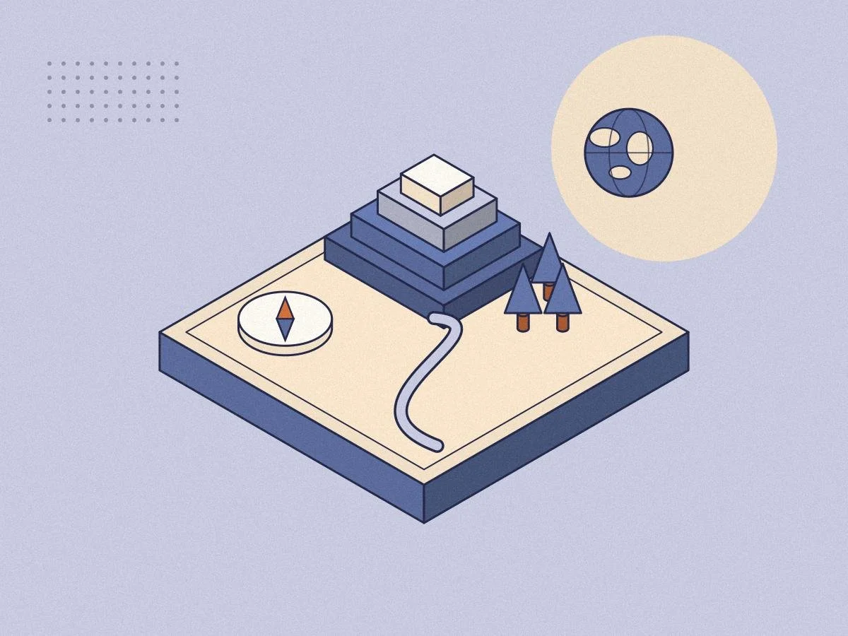 Isometric illustration of a mountain, a river, trees, a compass and a globe for the Minds Underground Geography Essay Competition