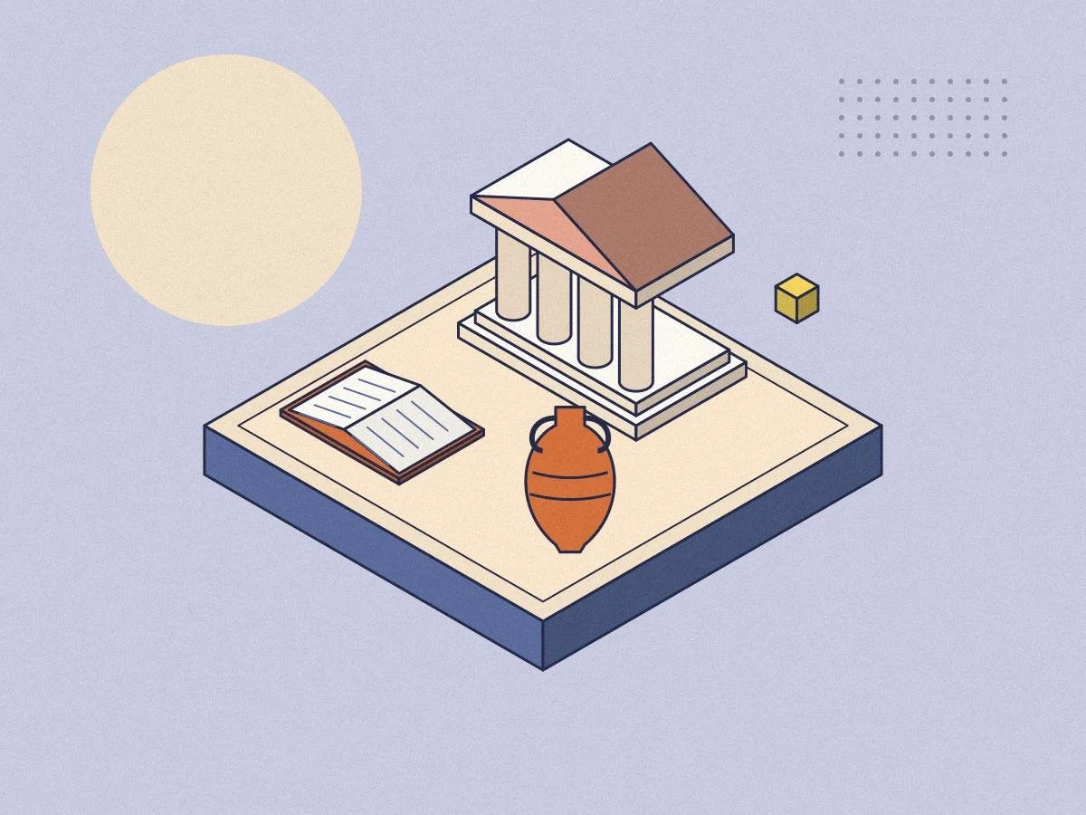 Isometric illustration of a Greek temple and an amphora for the Minds Underground Classics Essay Competition