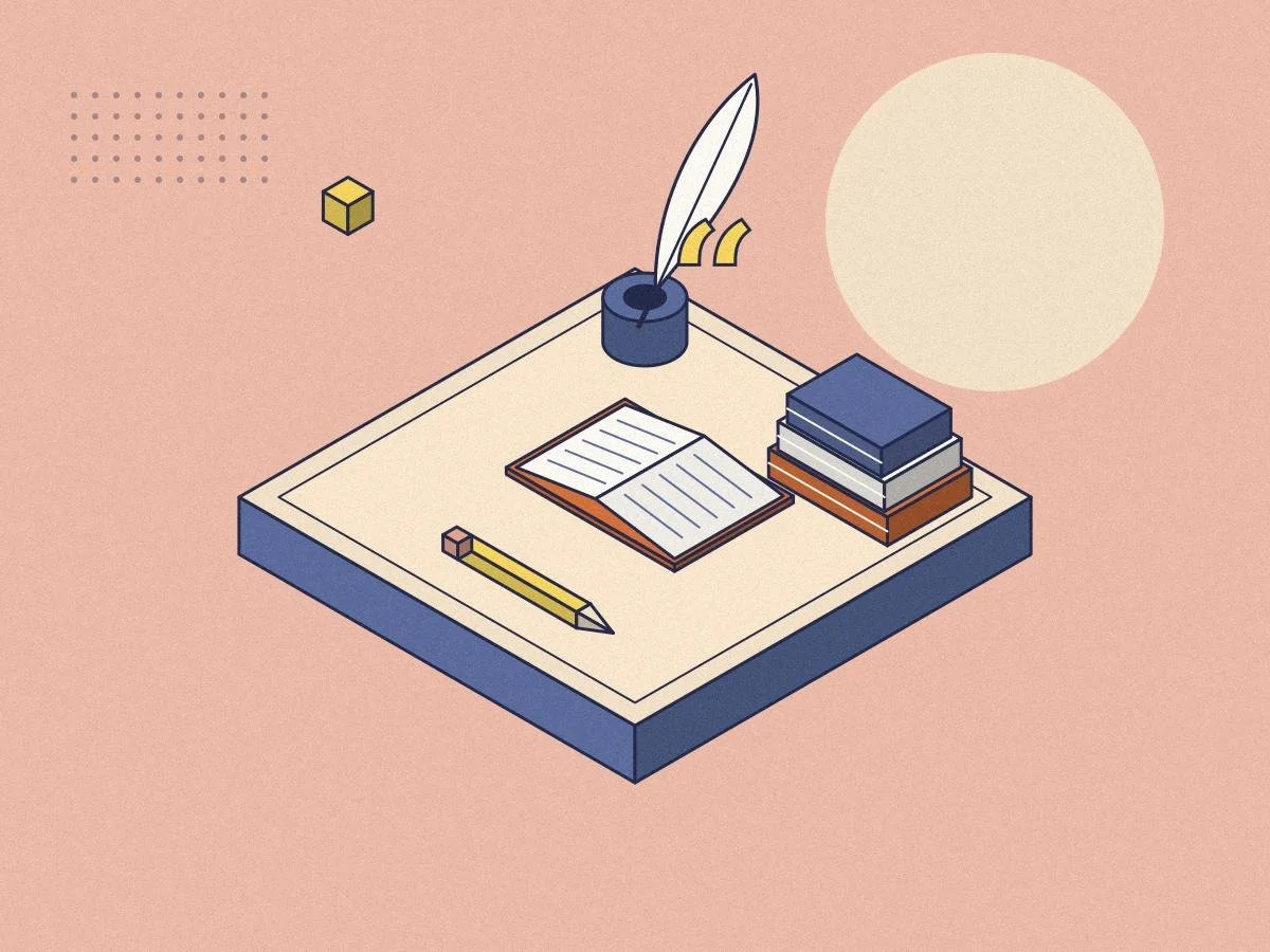 Isometric illustration of an open book, a quill and inkpot and a stack of novels for the Minds Underground English Literature Essay Competition