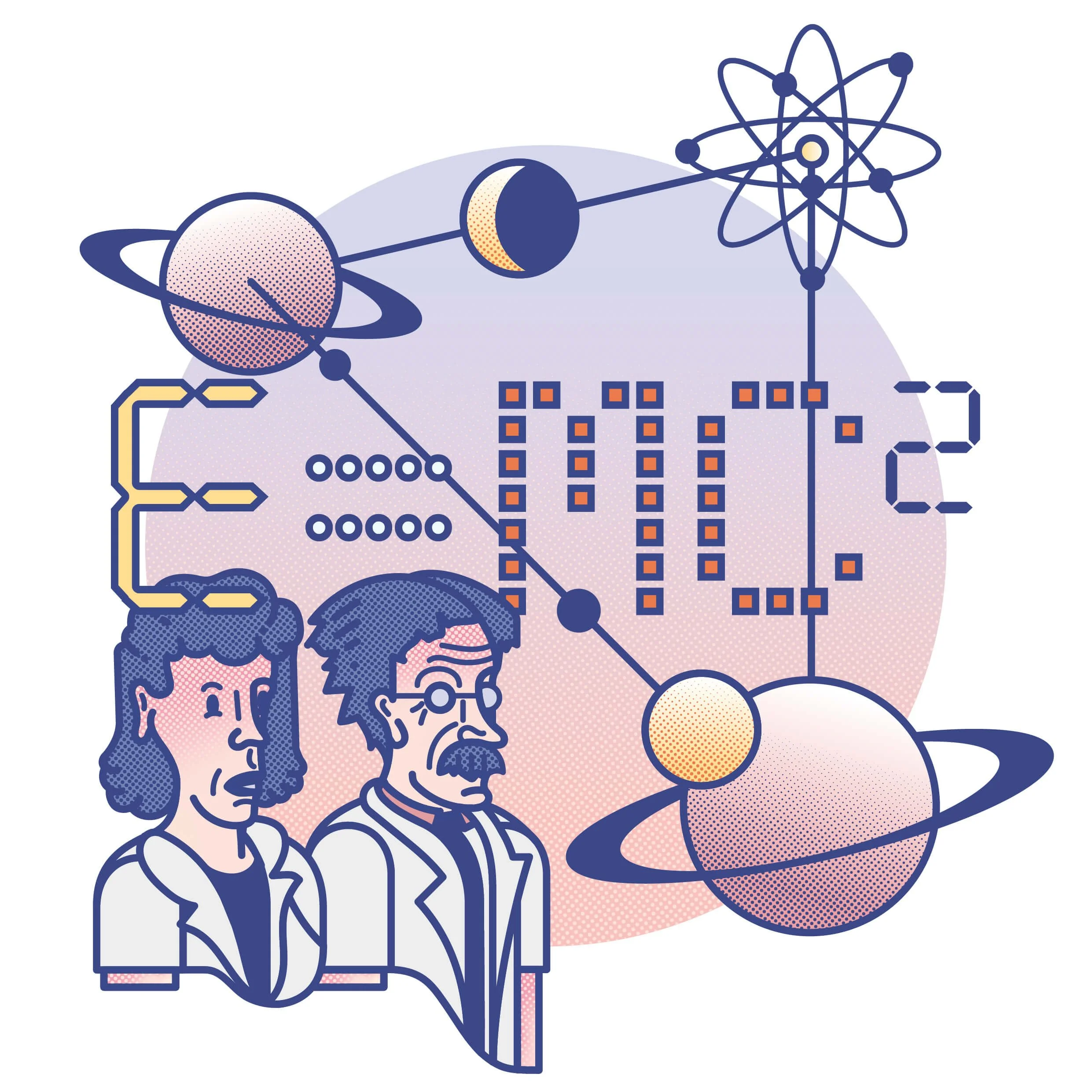 Illustration of scientific equipment, atoms and planets representing STEM and medicine courses.
