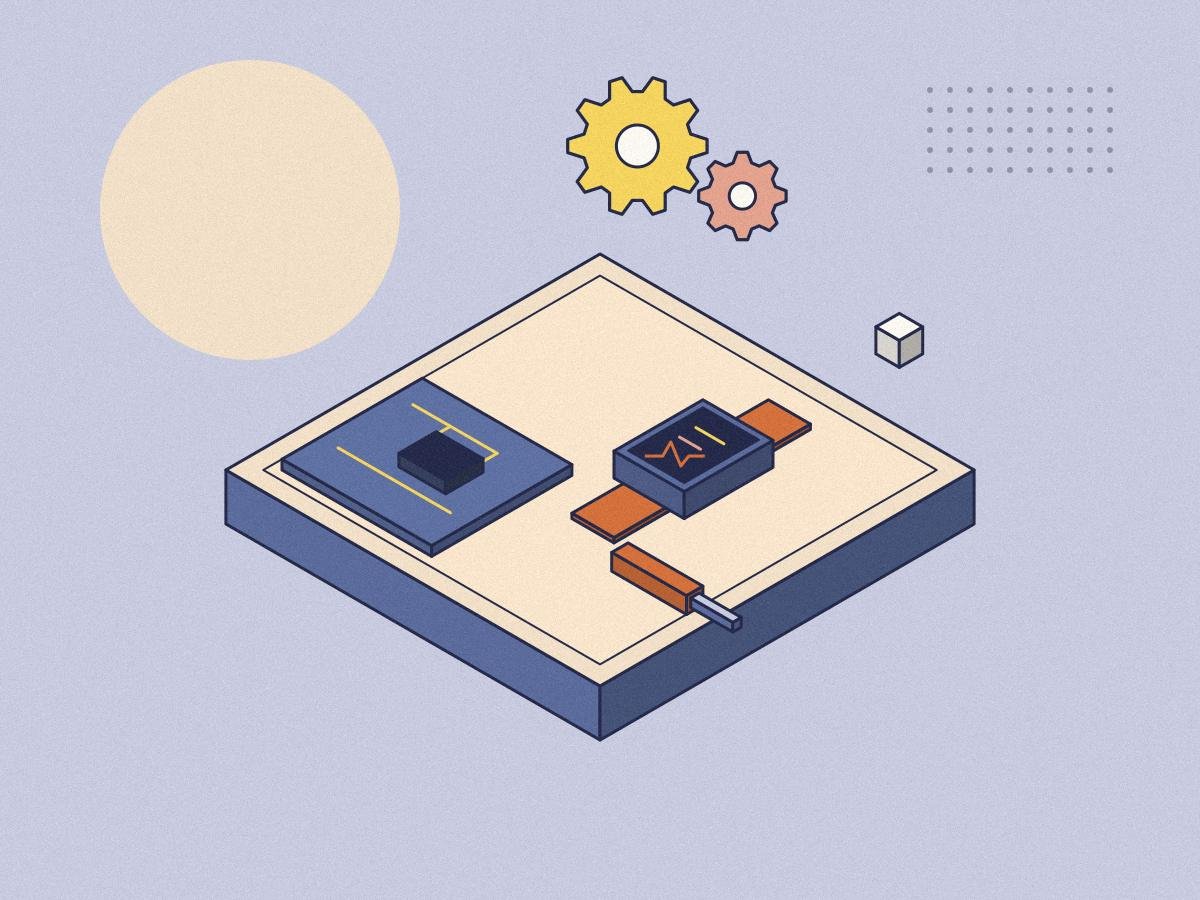 Isometric illustration of a smartwatch, a circuit board and gears for the Minds Underground Engineering Innovation Challenge
