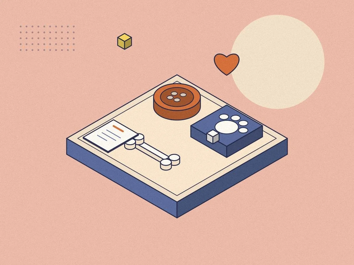Isometric illustration of a paw print, pet bowl and bone for the Minds Underground Veterinary Essay Competition
