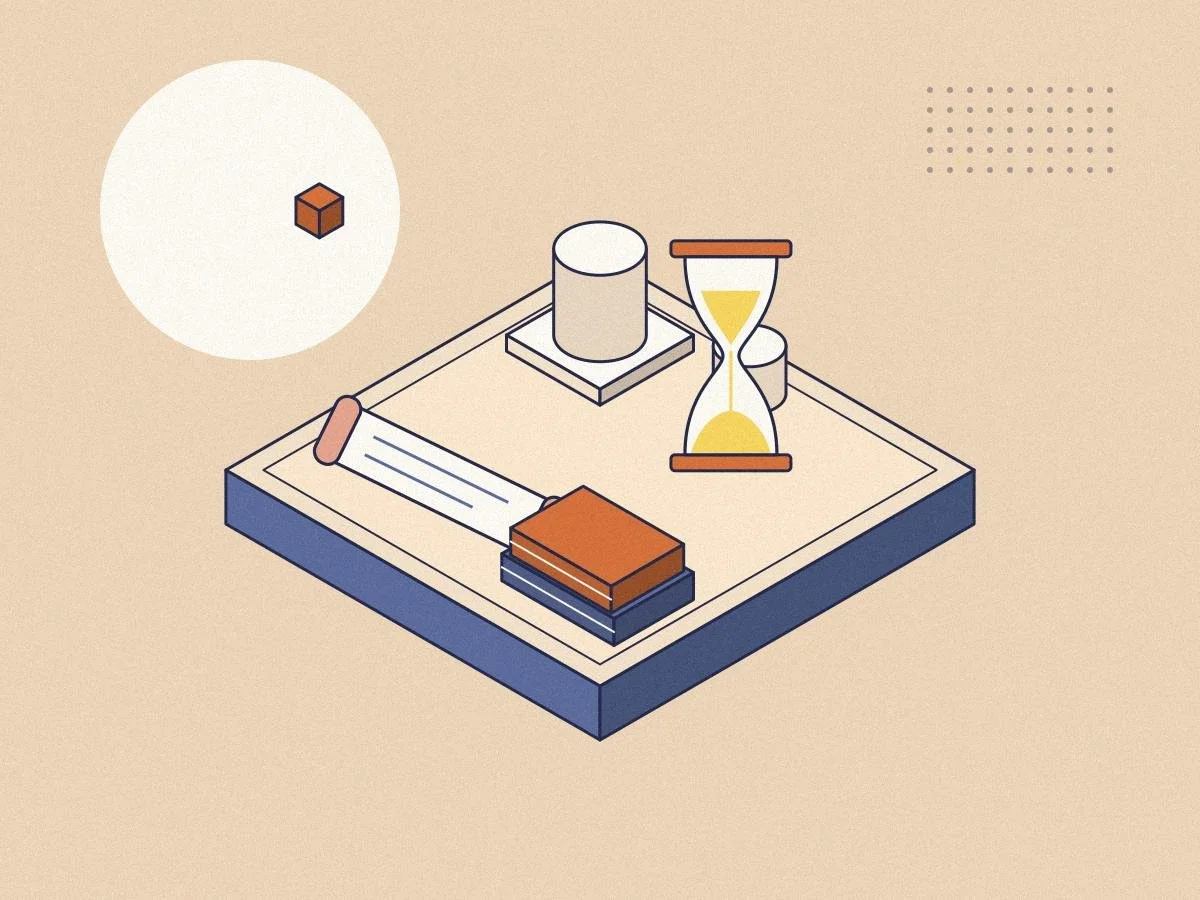 Isometric illustration of an hourglass, a scroll and a broken column for the Minds Underground History Essay Competition