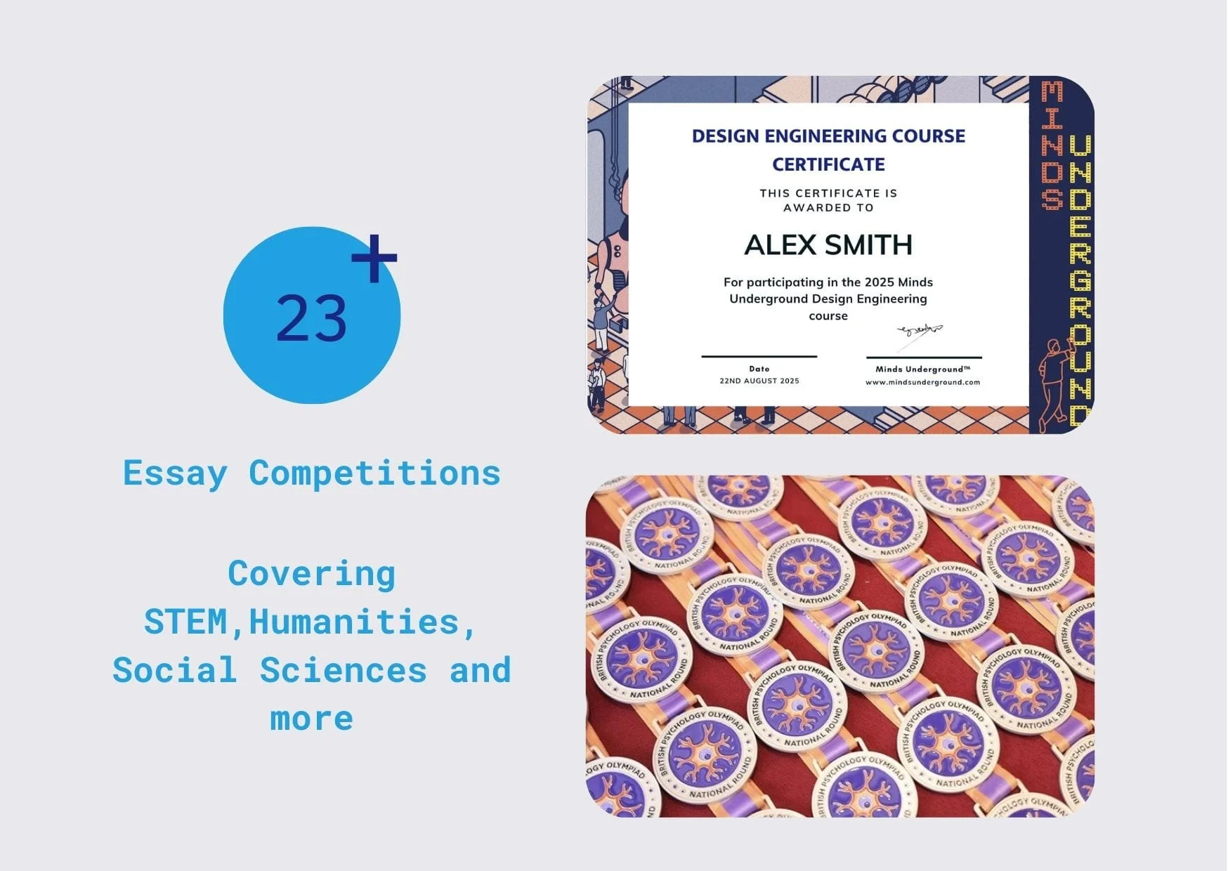 Minds Underground essay competition certificate and BPO medals to symbolise our 23+ essay competitions for schools stemming subjects from STEM to Humanities