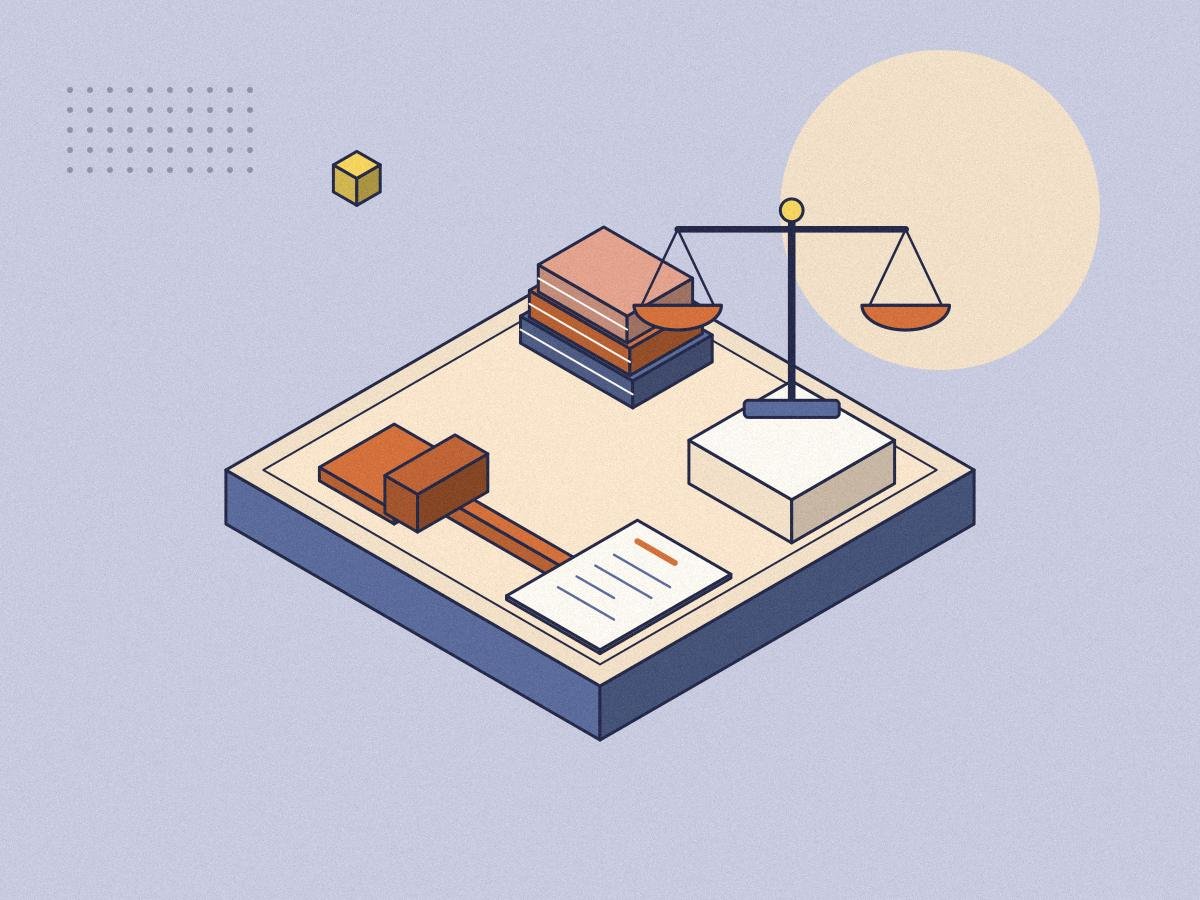 Isometric illustration of the scales of justice, a gavel and law books for the Minds Underground Law Essay Competition