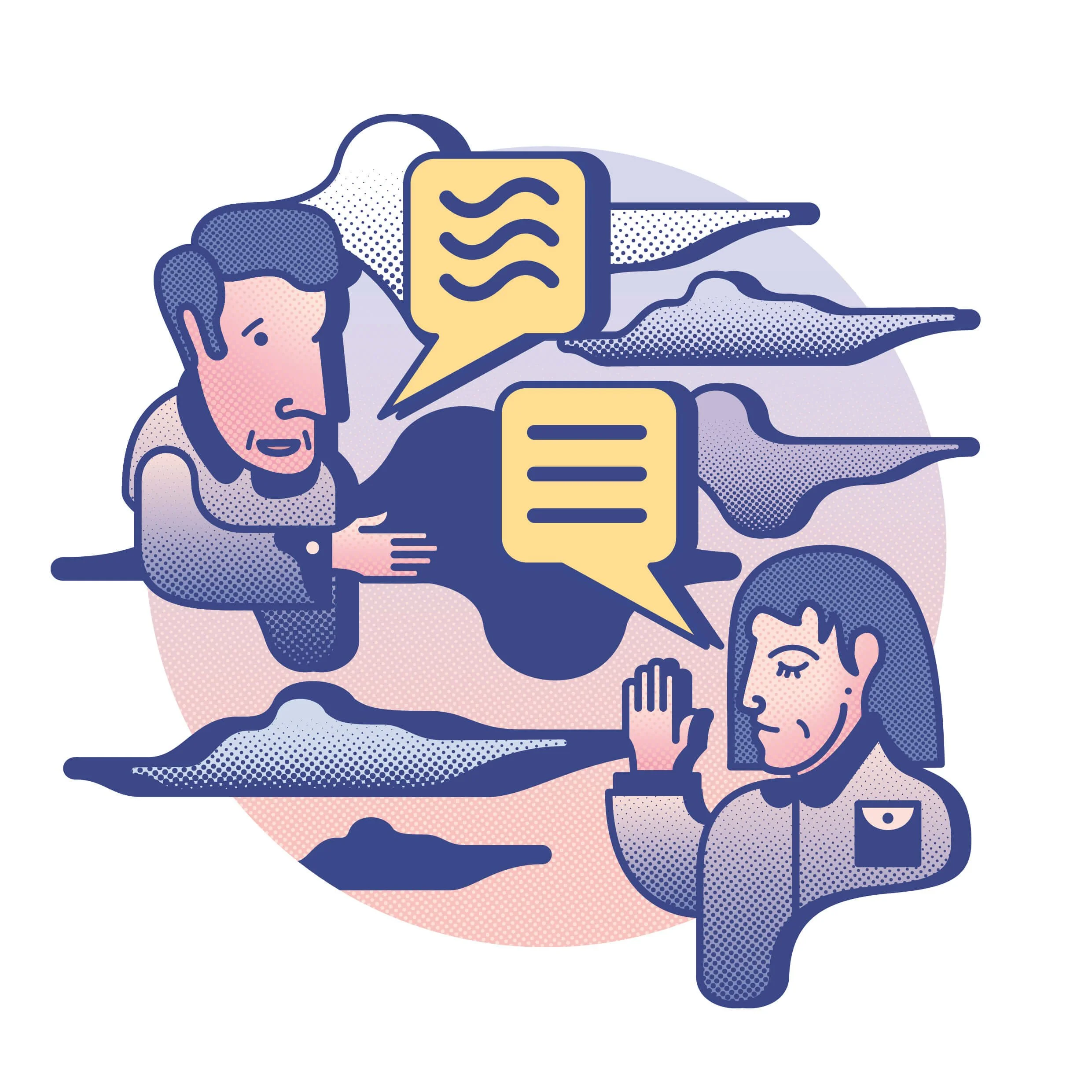 Illustration of people discussing legal ideas, representing law and current affairs courses.