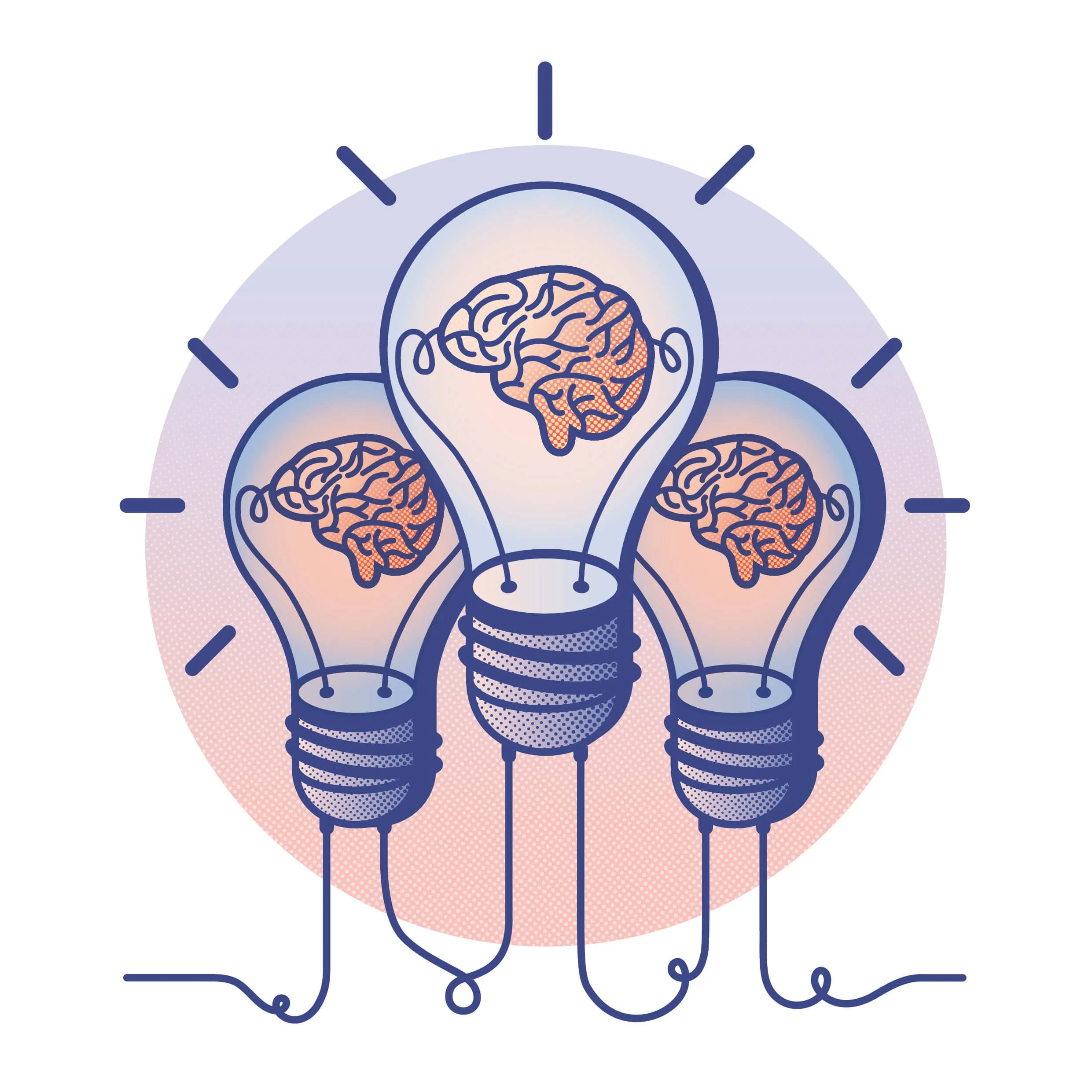 Illustration of light bulbs and a brain representing philosophy and critical thinking.