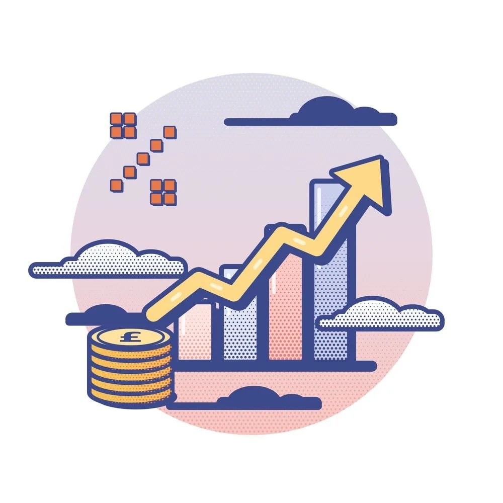 Illustration of coins and a rising financial chart representing economics and global markets.   Copy all 10 descriptions