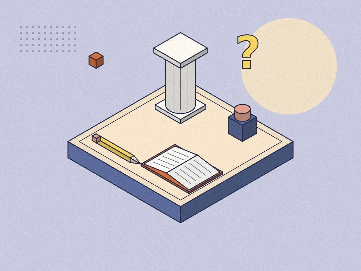 Isometric illustration of a classical column, an open book and a question mark for the Minds Underground Philosophy Essay Competition