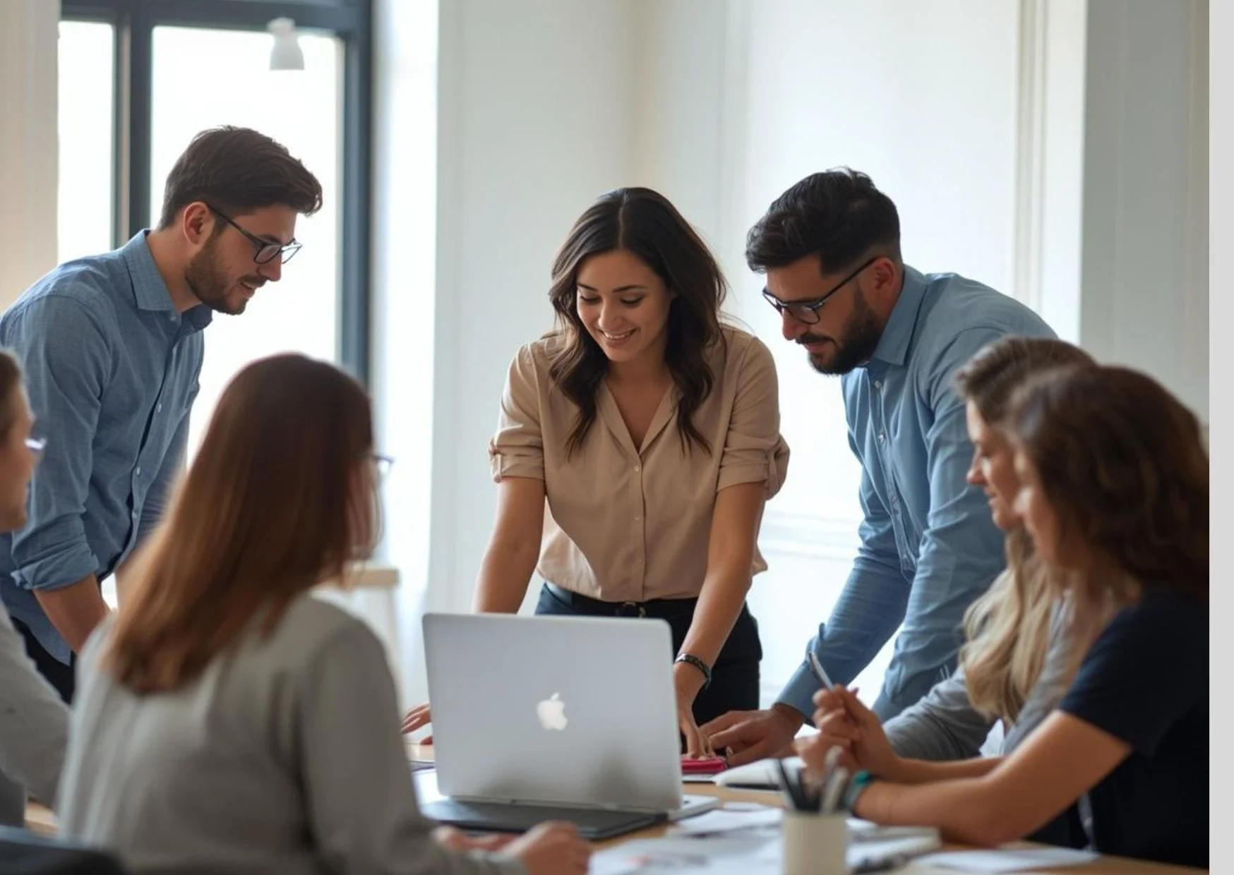 Team of professionals collaborating around a laptop in a modern office, discussing ideas and working together on a project.