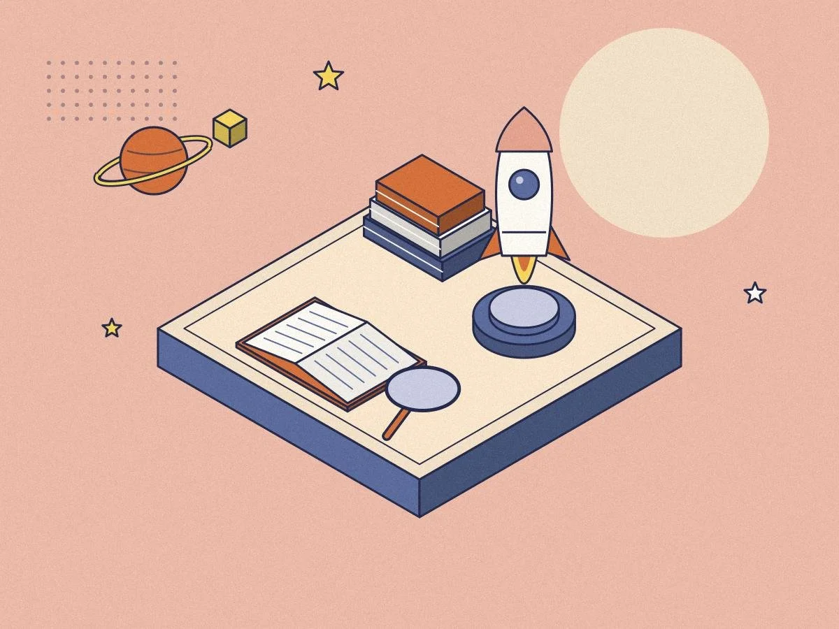 Isometric illustration of a rocket, books, a magnifying glass and a planet for the Minds Underground Young Minds Prize for ages 8–14