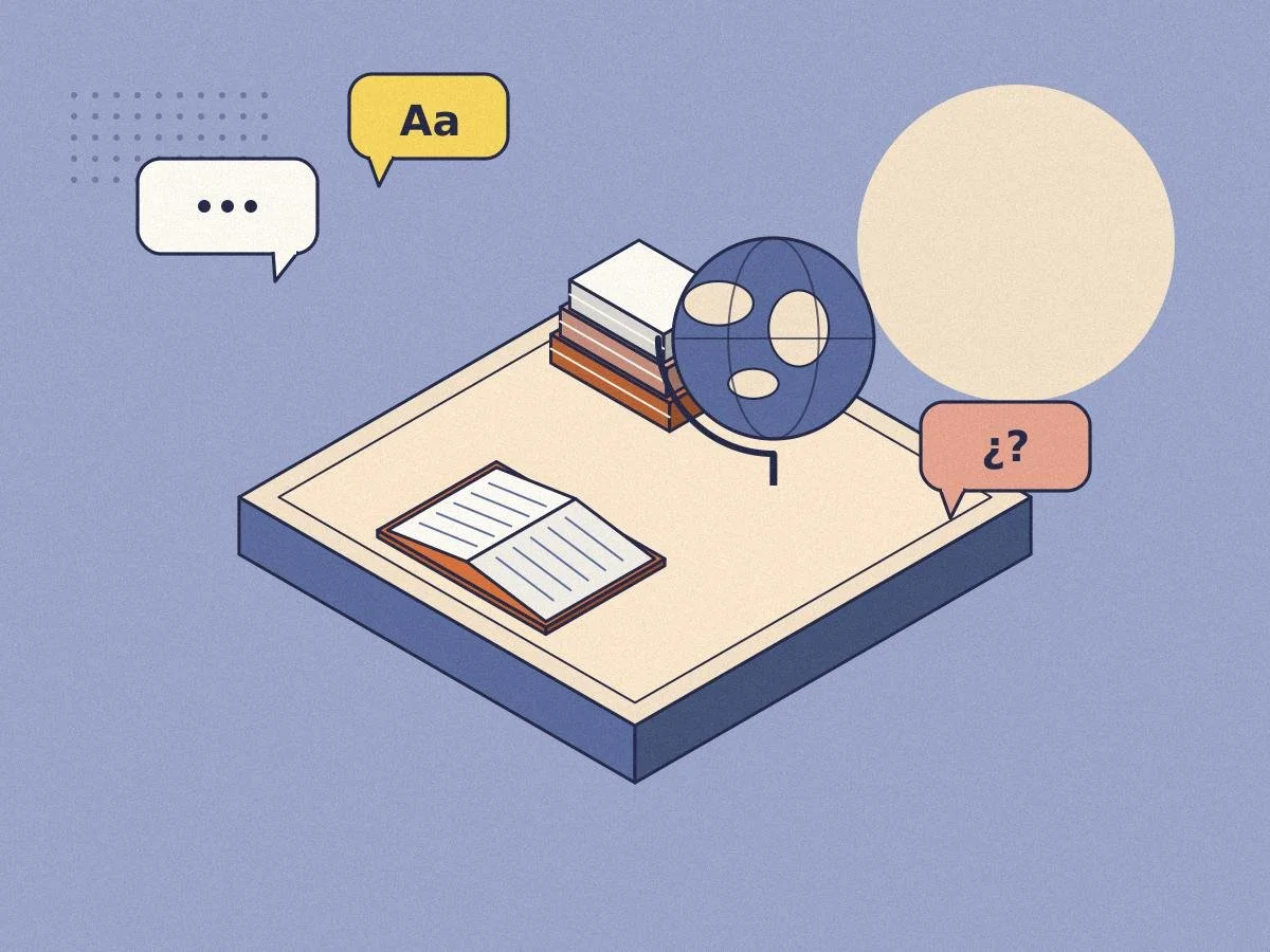 Isometric illustration of a globe, books and speech bubbles for the Minds Underground Modern Languages Essay Competition