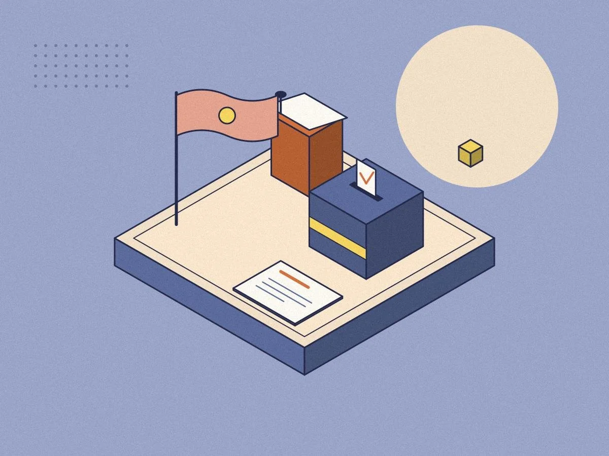 Isometric illustration of a ballot box, a lectern and a flag for the Minds Underground Politics Essay Competition