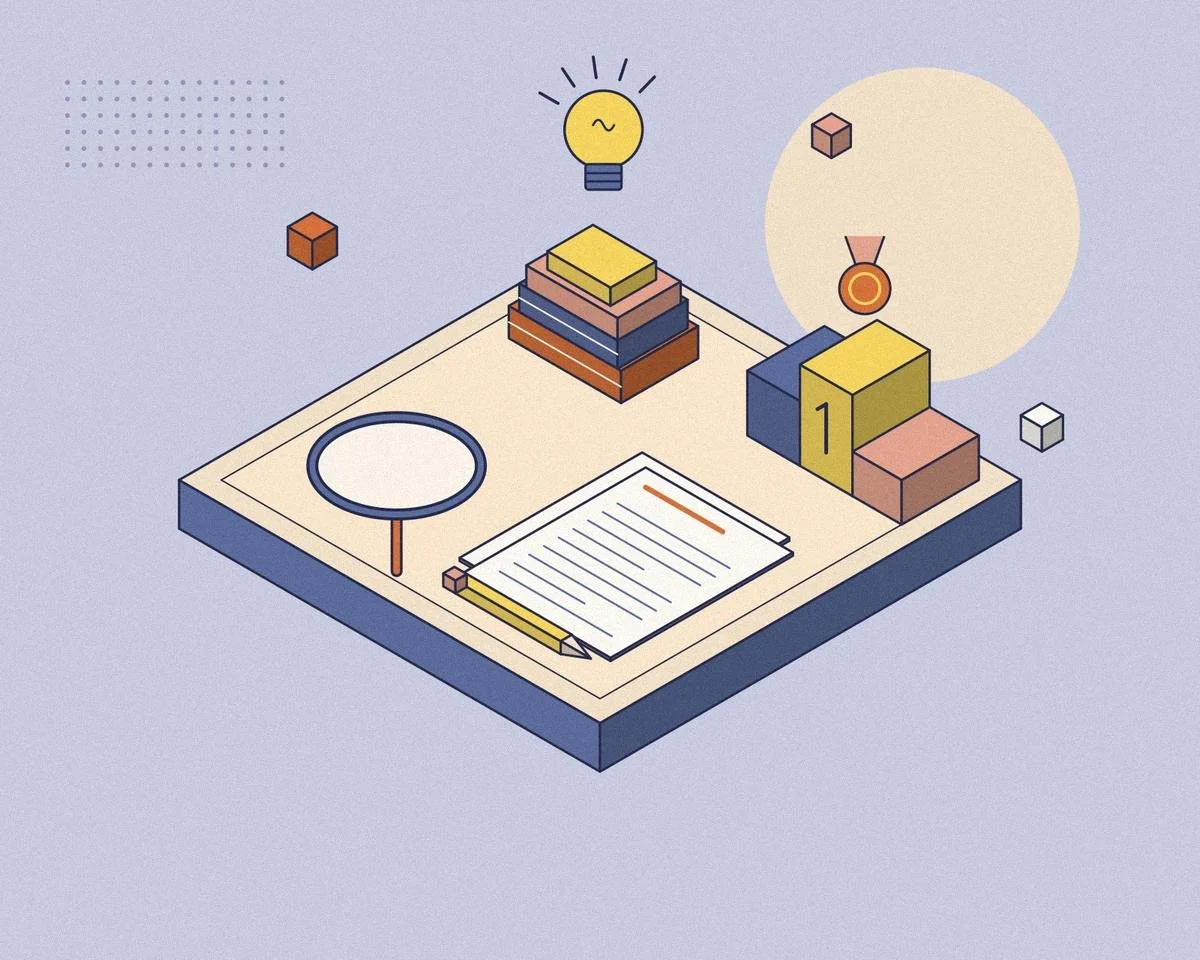Isometric illustration of an essay, books, a pencil, a lightbulb and a winners’ podium for the Minds Underground Essay Competitions