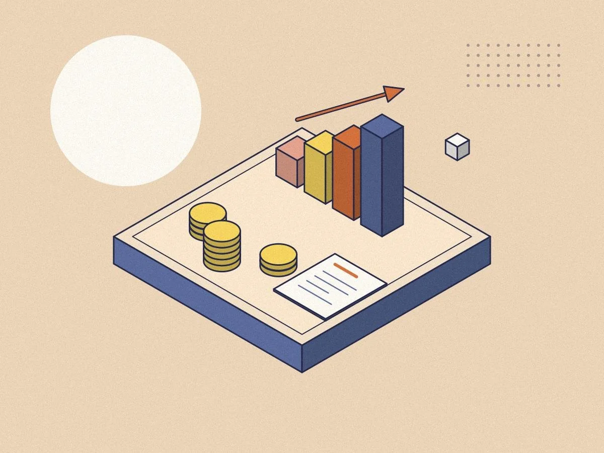 Isometric illustration of a rising bar chart and stacks of coins for the Minds Underground Economics Essay Competition